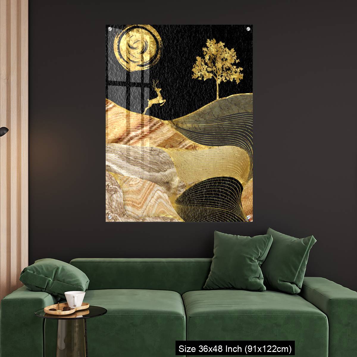 OMGs Acrylic Wall Decor – Canvas wall art decor. black and golden background with Ginko leaves and deer. - Image 4