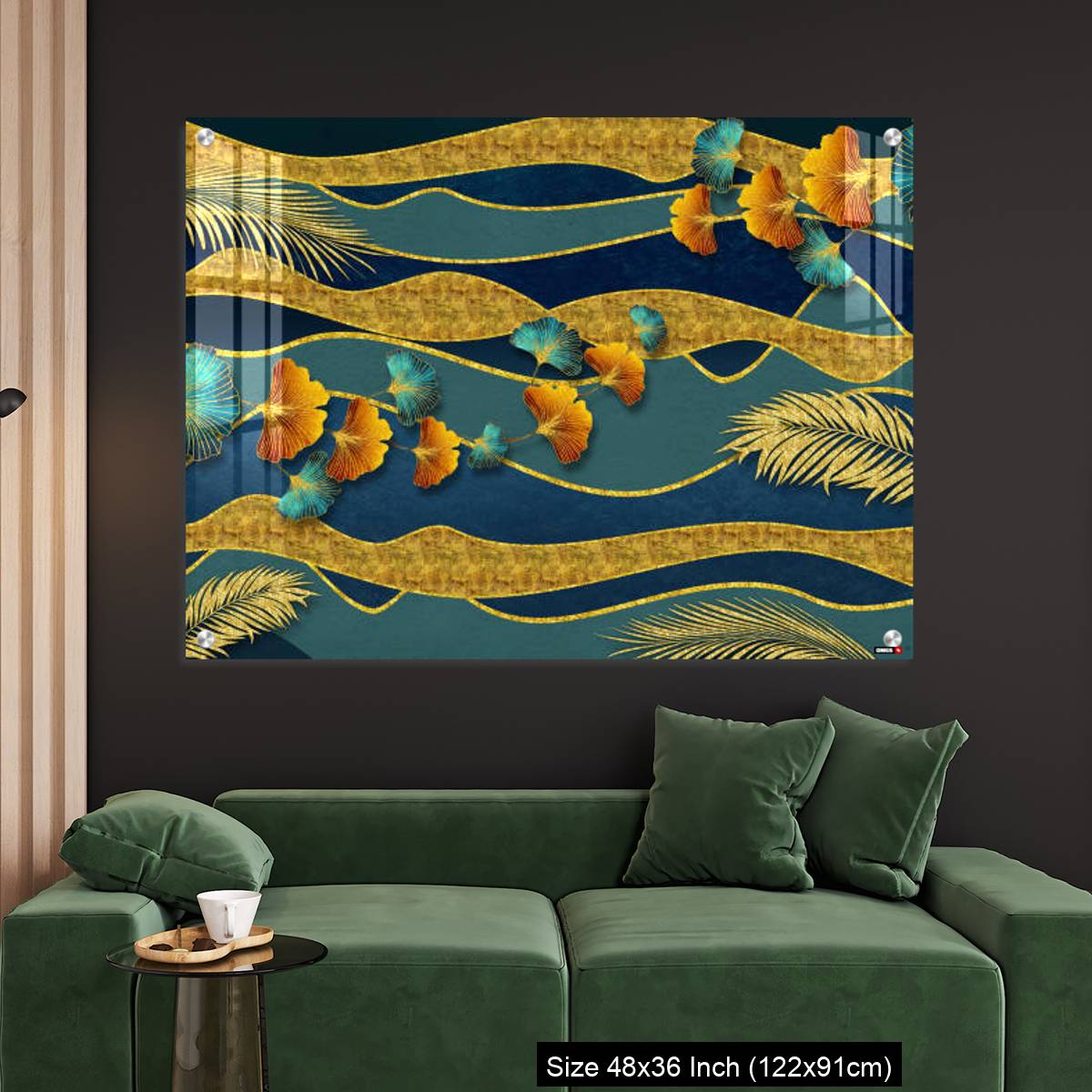 OMGs Acrylic Wall Decor – Golden and turquoise ginkgo leaves in modern dark background. - Image 4