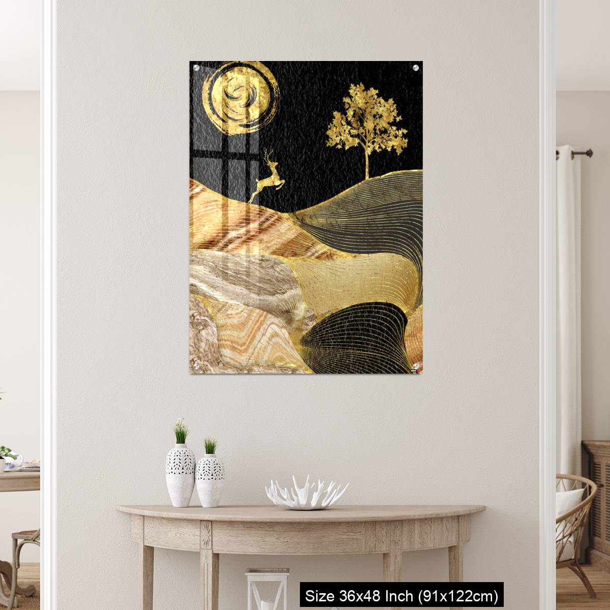 OMGs Acrylic Wall Decor – Canvas wall art decor. black and golden background with Ginko leaves and deer. - Image 5