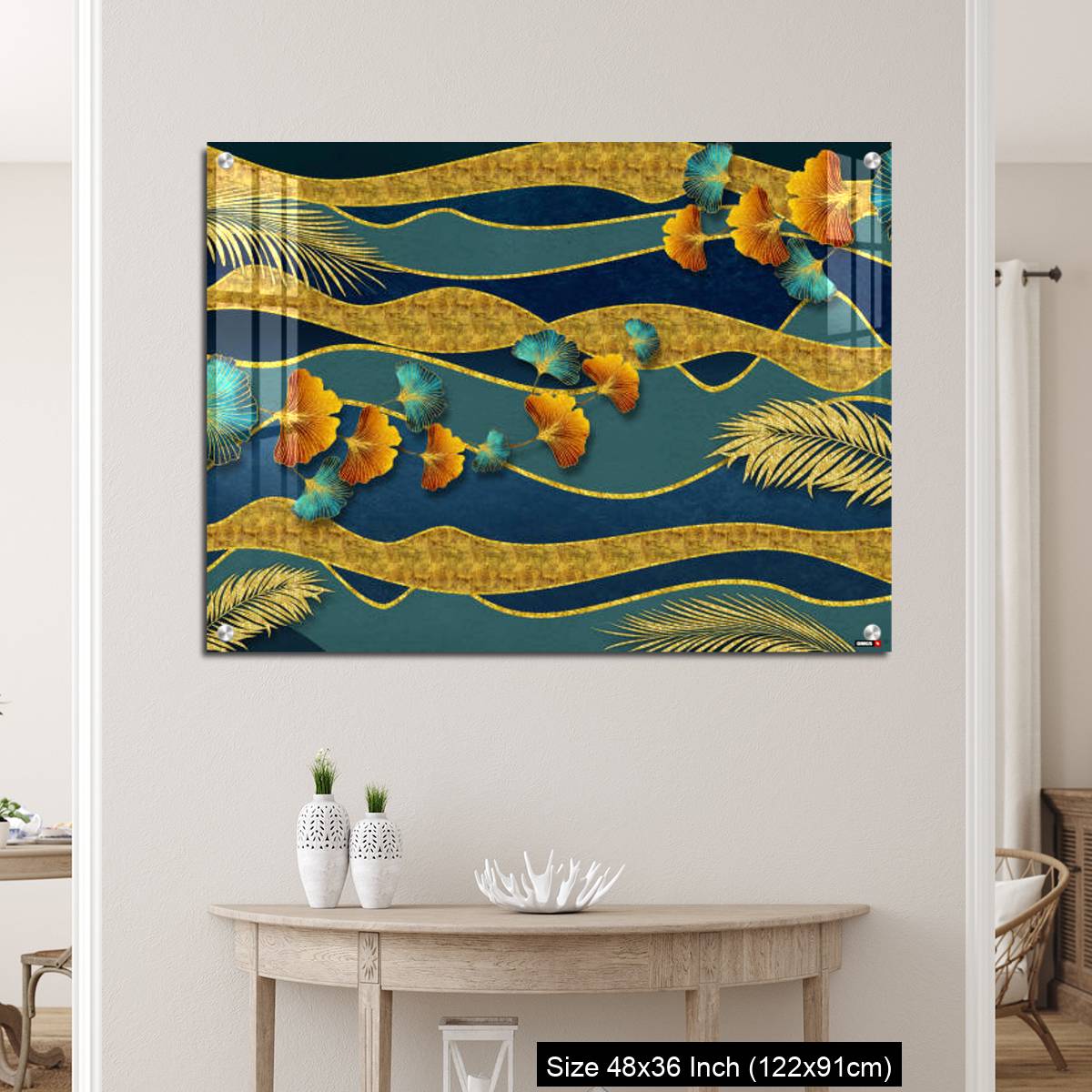 OMGs Acrylic Wall Decor – Golden and turquoise ginkgo leaves in modern dark background. - Image 5