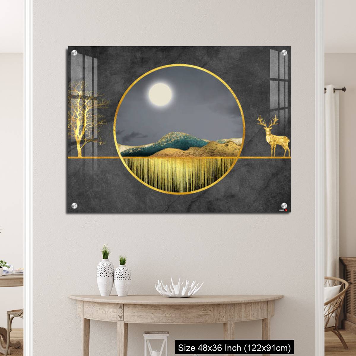 OMGs Acrylic Wall Decor – Colorful mountains, golden deer, golden trees, and golden lines. - Image 5