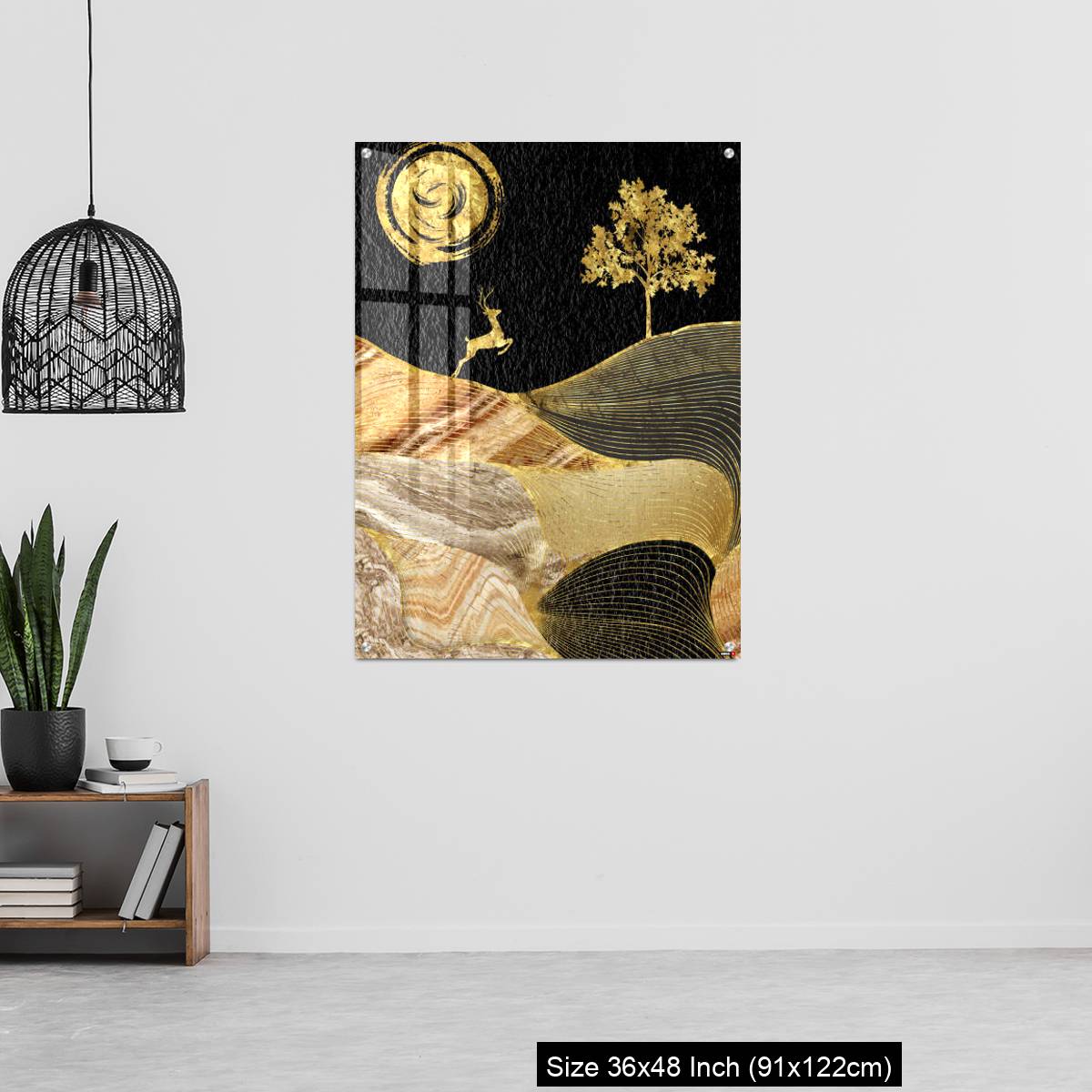 OMGs Acrylic Wall Decor – Canvas wall art decor. black and golden background with Ginko leaves and deer. - Image 6