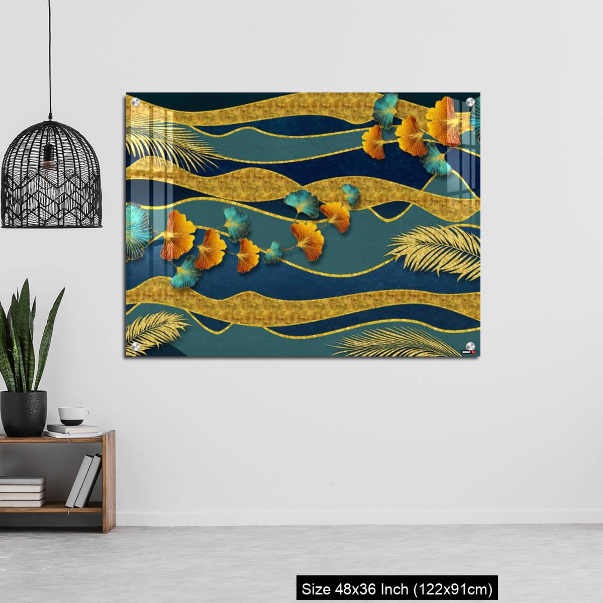OMGs Acrylic Wall Decor – Golden and turquoise ginkgo leaves in modern dark background. - Image 6