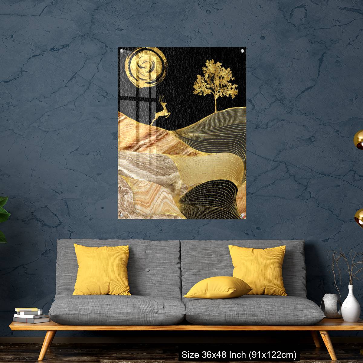 OMGs Acrylic Wall Decor – Canvas wall art decor. black and golden background with Ginko leaves and deer. - Image 7