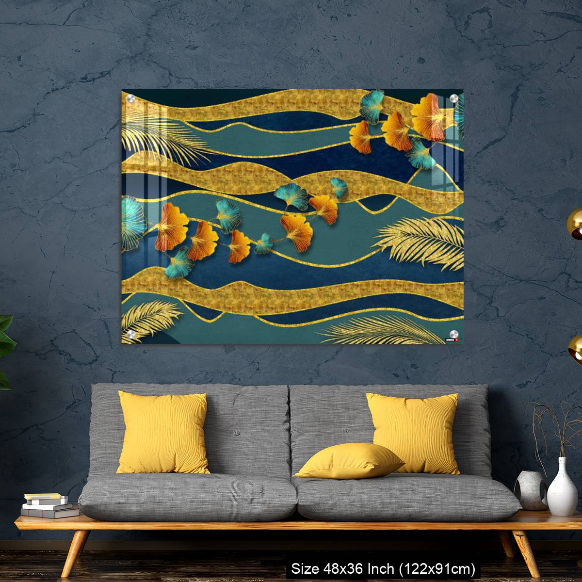 OMGs Acrylic Wall Decor – Golden and turquoise ginkgo leaves in modern dark background. - Image 7
