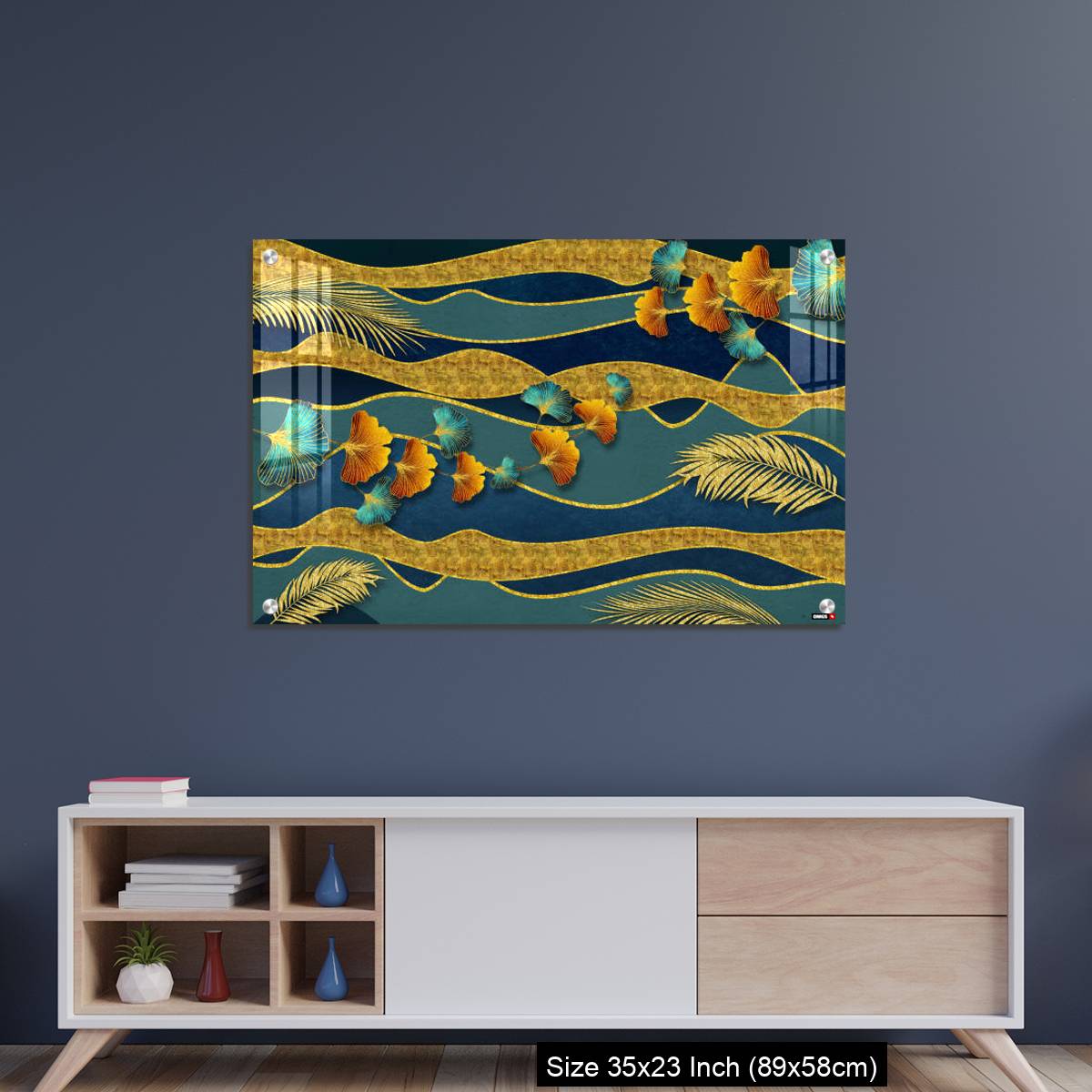 OMGs Acrylic Wall Decor – Golden and turquoise ginkgo leaves in modern dark background. - Image 8