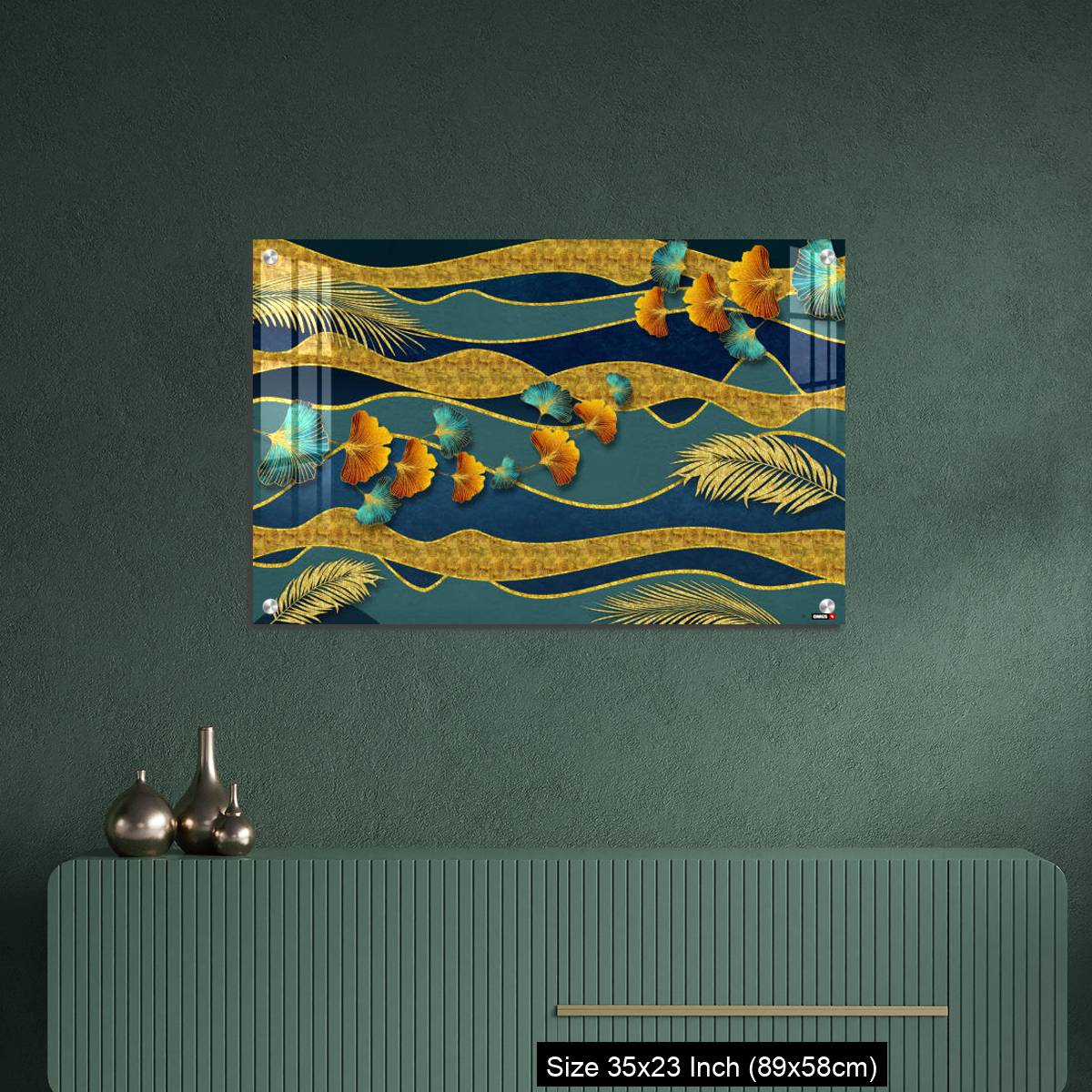 OMGs Acrylic Wall Decor – Golden and turquoise ginkgo leaves in modern dark background. - Image 9