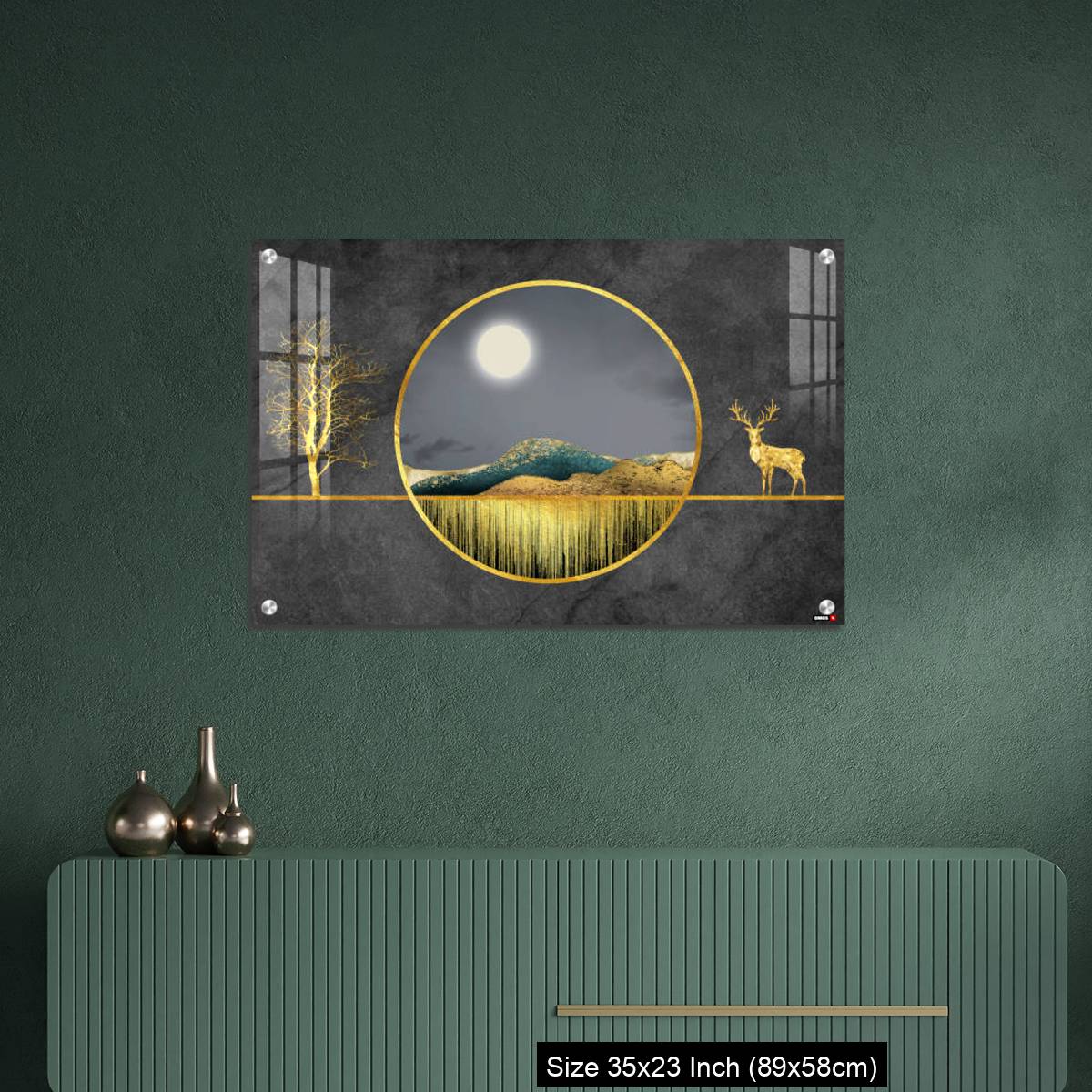 OMGs Acrylic Wall Decor – Colorful mountains, golden deer, golden trees, and golden lines. - Image 9