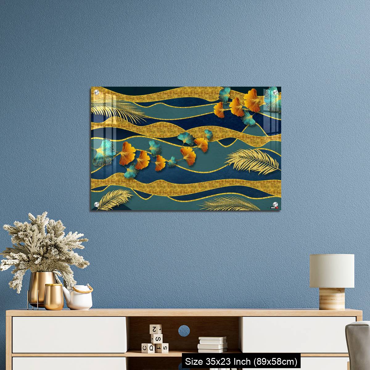 OMGs Acrylic Wall Decor – Golden and turquoise ginkgo leaves in modern dark background. - Image 10