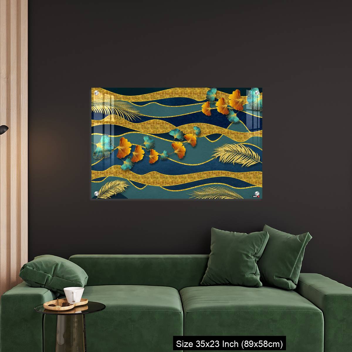 OMGs Acrylic Wall Decor – Golden and turquoise ginkgo leaves in modern dark background. - Image 11