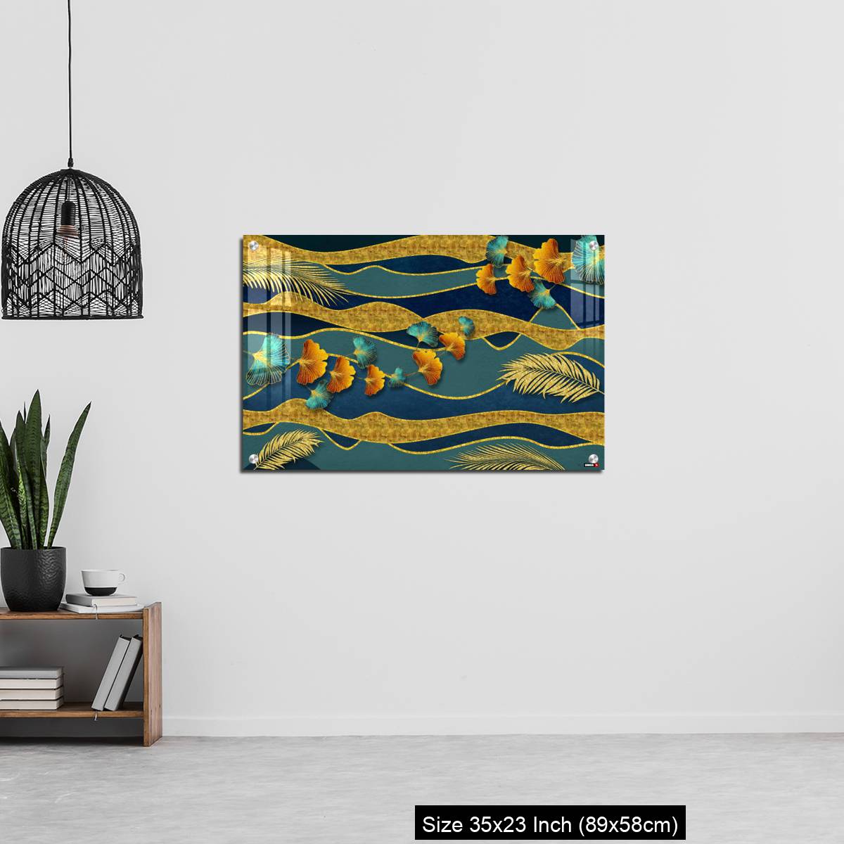 OMGs Acrylic Wall Decor – Golden and turquoise ginkgo leaves in modern dark background. - Image 13