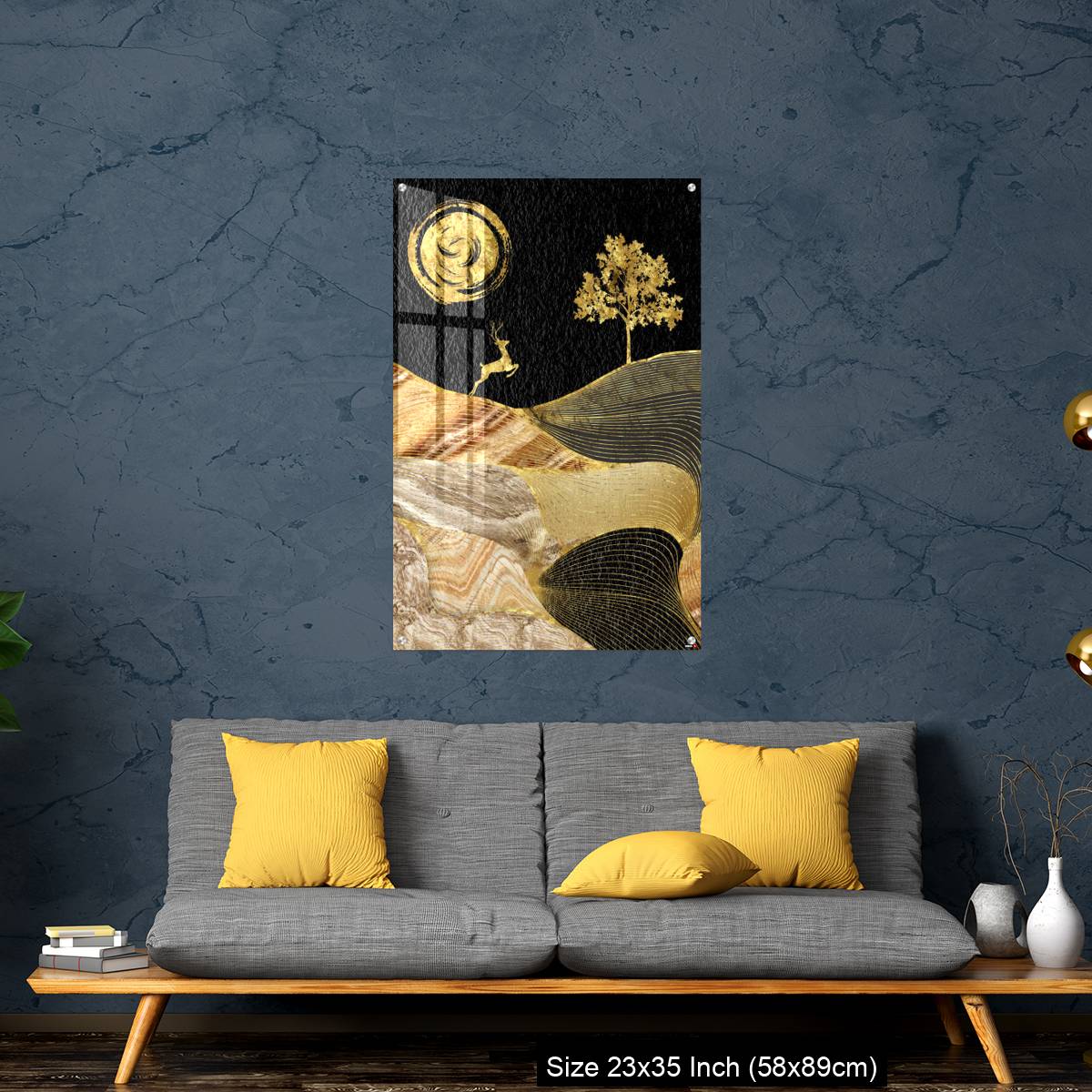 OMGs Acrylic Wall Decor – Canvas wall art decor. black and golden background with Ginko leaves and deer. - Image 14