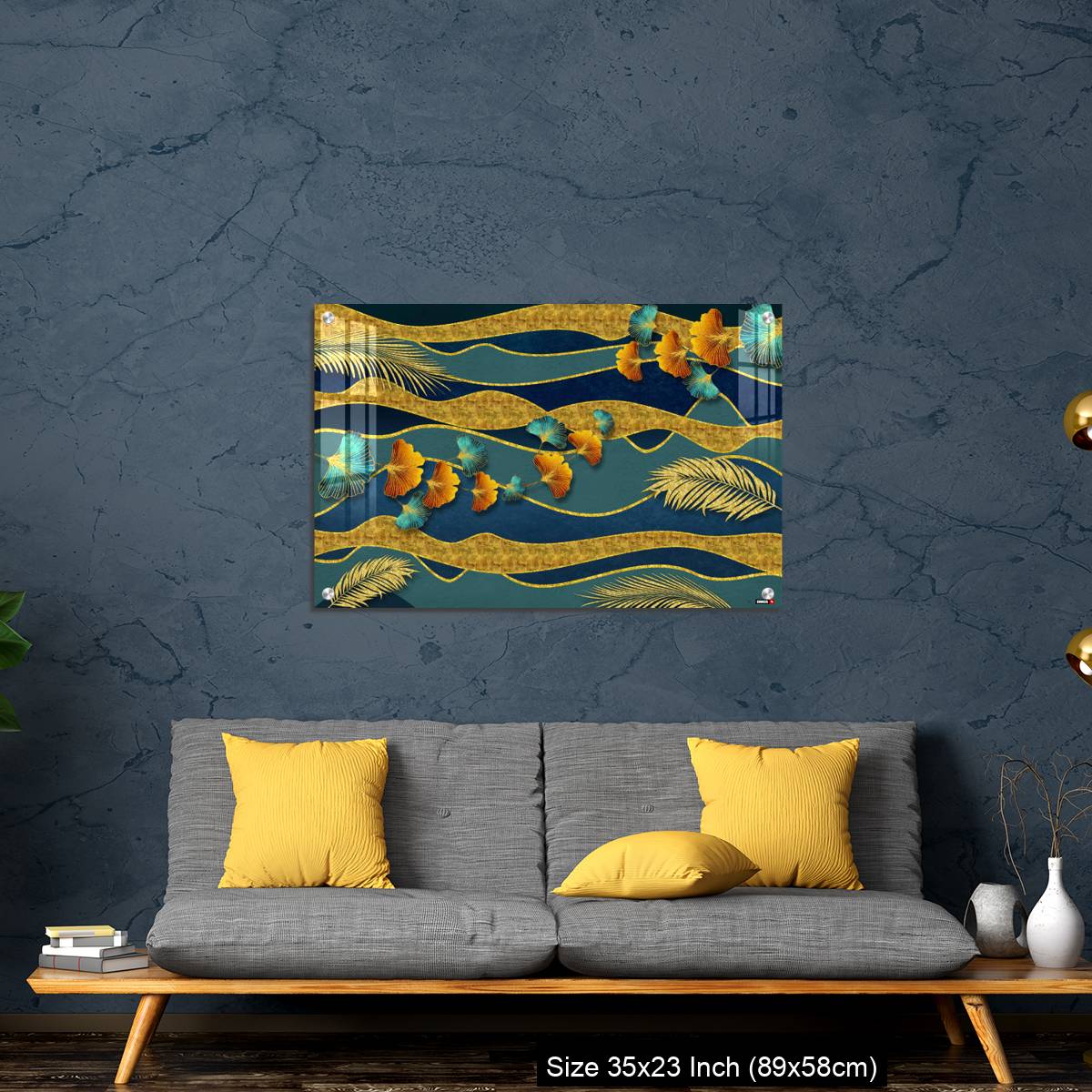 OMGs Acrylic Wall Decor – Golden and turquoise ginkgo leaves in modern dark background. - Image 14