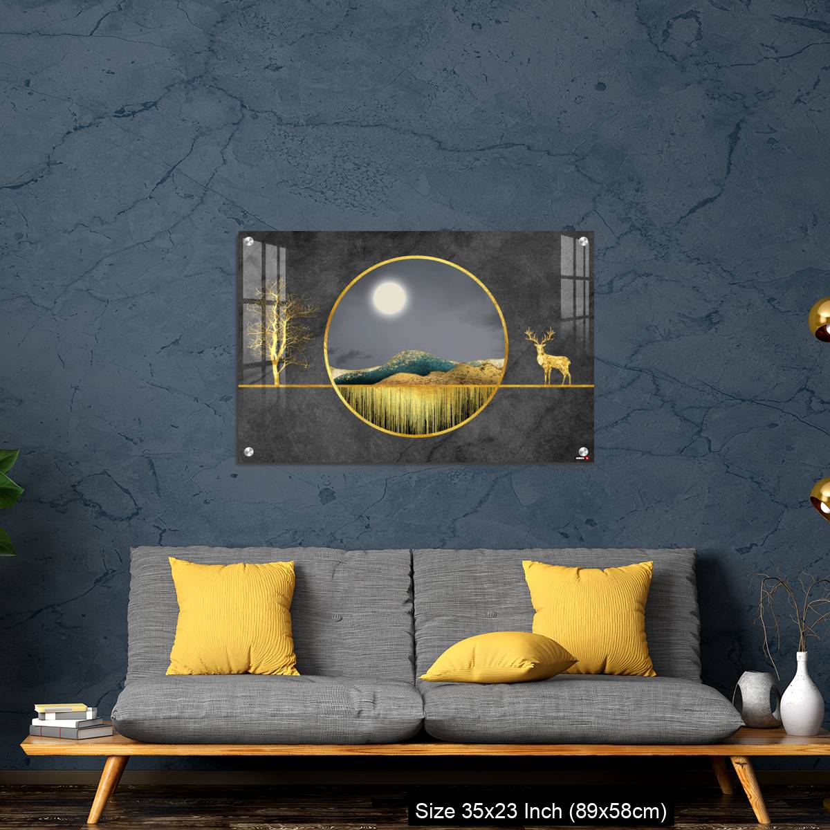 OMGs Acrylic Wall Decor – Colorful mountains, golden deer, golden trees, and golden lines. - Image 14