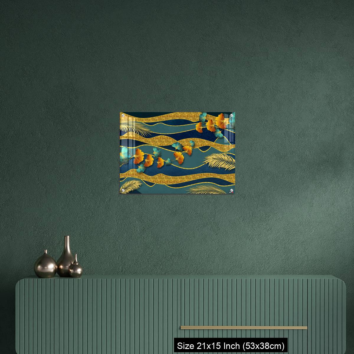 OMGs Acrylic Wall Decor – Golden and turquoise ginkgo leaves in modern dark background. - Image 16