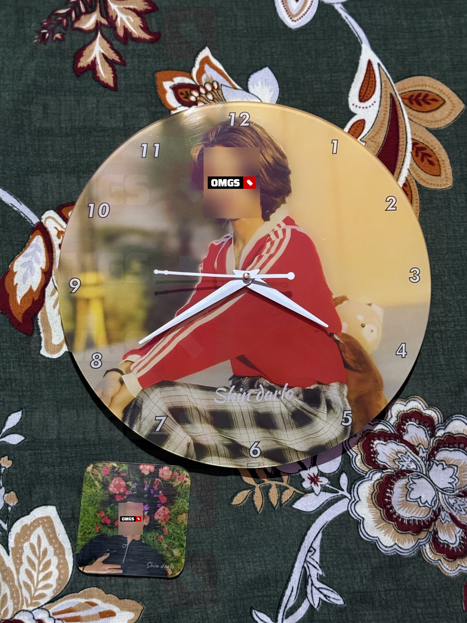 Customer photo of personalised acrylic wall clock with family photo