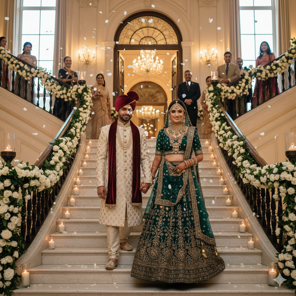 Bride and Groom on a Grand Staircase