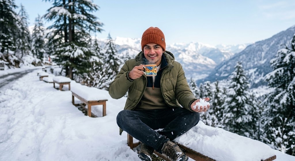 Coffee + Snow Pose